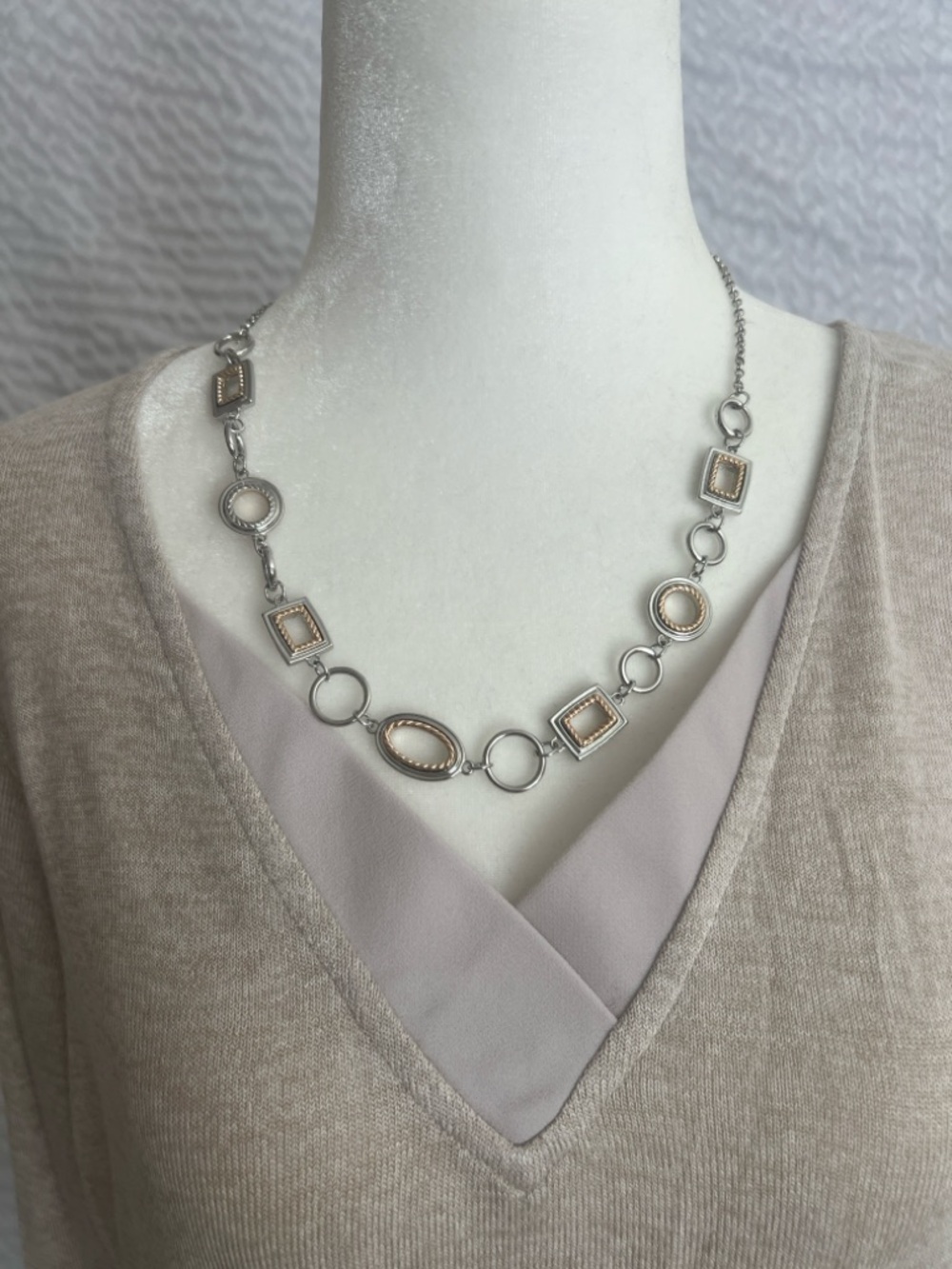 Stylish Silver-Tone Necklace with Beige/Gold Accents - Women Jewelry